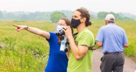 Two people look for ground-nesting birds at the Battle Creek grasslands.